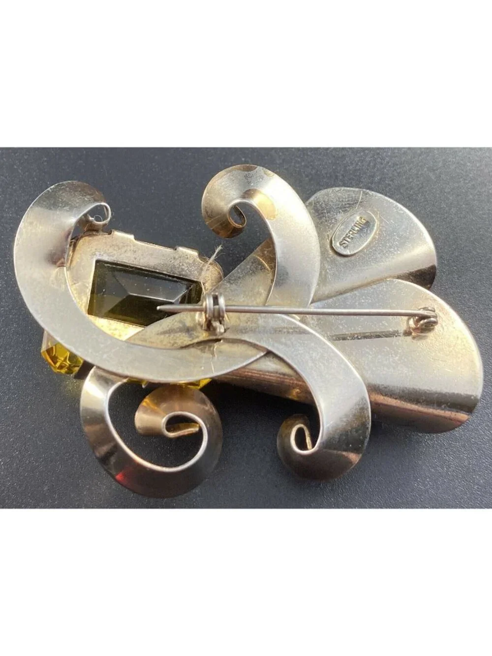 Vintage Sterling Silver Faceted Citrine Glass Brooch Modernist Pronged Pin